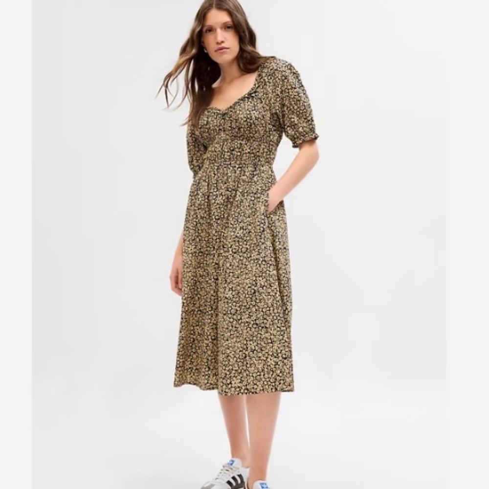 Gap Puff Sleeve Midi Dress in Tan and Black Floral - Medium
